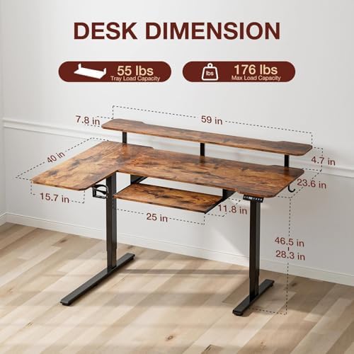 Acrolix 59" L Shaped Standing Desk with Shelves Keyboard Tray,Rustic Brown - Image 3