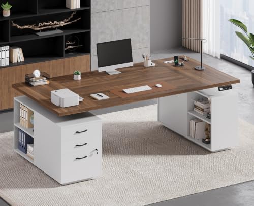 71" Electric Standing Desk with Drawers, Electric Height Adjustable Executive Desk with Lockable File Cabinet, Home Office Desk, Open Storage Compartments, Built-in Power Outlet, White by Unknown