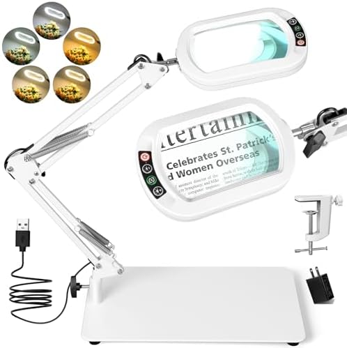 Drdefi 12X Square Magnifying Glass with Light and Stand, Real Glass LED Lighted Magnifier, 5 Color Modes Stepless Dimmable, Hands-Free Mag Desk Lamp with Clamp for Reading Craft Hobby Close Work White by Drdefi