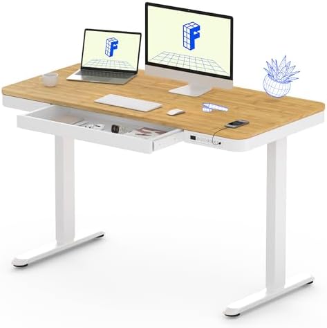 FLEXISPOT Comhar 48" Electric Standing Desk with Drawers, USB Charging Ports, Quick Assembly, Height Adjustable Sit Stand Desk with Child Lock for Natural Home Office, Bamboo Finish Top/White Legs by Unknown