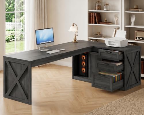 78.7" L-Shaped Office Desk with Drawers and File Cabinet Dark Grey by Homiflex