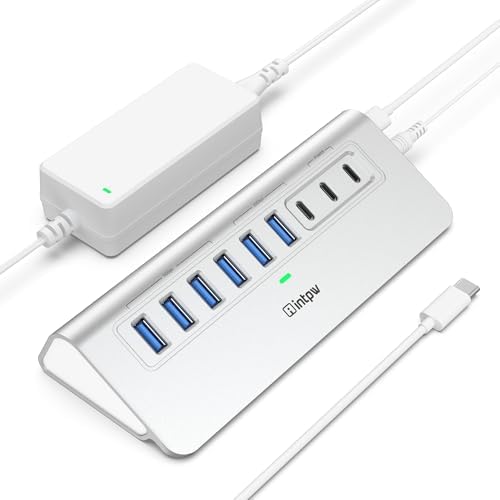 Powered USB Hub 10Gbps, intpw YH6AC 9-Port USB 3.2 Hub (USB A/USB-C 3.2, 4 USB 3.0, 2 PD 45W Charging Ports), 65W Power Adapter + 3.3FT Cable, Aluminum USB Hub for PC/Laptop, iPhone 17/16/15 by intpw