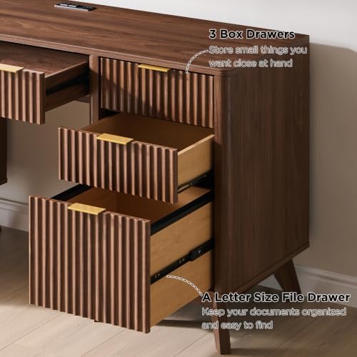 T4TREAM 60" Modern Fluted Executive Desk with Drawers, Light Walnut - Image 6