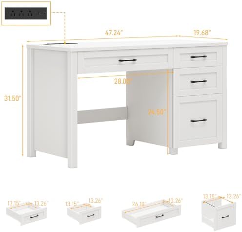 Farmhouse 47" Executive Desk, Computer Desk with File Drawer, Cream White - Image 2