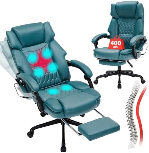 Massage Office Chair with Foot Rest 6 Points Vibration and Heat Home Office Desk Chairs for Heavy People 400lbs Reclining Managerial Chairs Ergonomic Executive Chair (Teal Blue) by BUYNOW