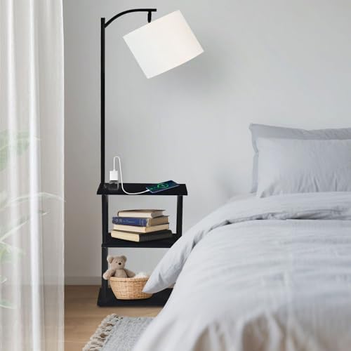 Qupui Floor Lamp with Side Table, USB Charging, 3-Color LED, Black - Image 4