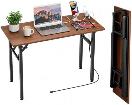 Folding Table Computer Desk - 43.3" No Assembly Folding Desk with Power Outlets & USB Charging Port, Small Desk, Foldable Office Desk, Compact Storage Portable Use for Small Space, Dark Walnut by HMFOR