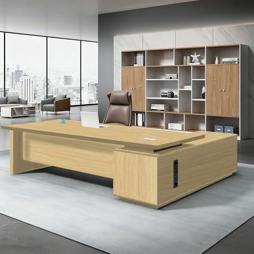 L Shaped Executive Desk with Drawers, Large Office Desk with Storage Cabinet, Wood L Shape Desk for Home Office or Business Workspace, Left or Right Cabinet Option, Multiple Sizes & Colors by Unknown
