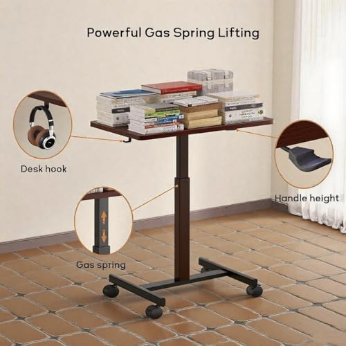 Mobile Small Standing Desk,Gas Spring Adjustable Height Rolling Portable Laptop Desk with Lockable Wheels, Computer Workstation for Home Office, Dark Walnut - Image 5