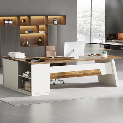 Tribesigns L-Shaped Executive Desk, 78-Inch Modern Office Desk with Drawers and Lateral File Cabinet, Large Bussiness Furniture with Storage Shelves, Workstation for Home Office (Brown + White) by Tribesigns