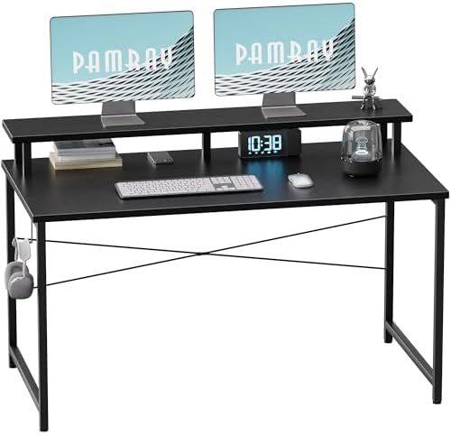 Pamray 47 Inch Small Computer Desk with Monitor Stand, Simple Office Desk with Headphone Hook for Small Spaces, Kids Study Writing Table for Bedroom, Black by PAMRAY
