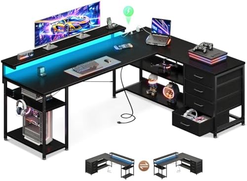 AODK 61 Inch L Shaped Computer Desk with 4 Drawers, LED Lights, Black by AODK