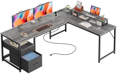 PRAISUN 63 Inch L Shaped Desk with Power Outlets and USB-C Port, Computer Corner Home Office Desk with File Fabric Drawers and Movable Monitor Stand, Larger Storage, Gaming, Writing, Work, Grey by PRAISUN