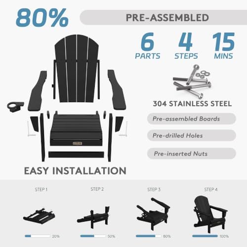 SERWALL Oversized Foldable Adirondack Chair with Cup Holder, HIPS, Black - Image 5