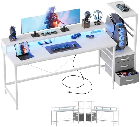 Mericonia 60 inch Gaming Desk with Drawers, Reversible Computer Desk, White by MERICONIA