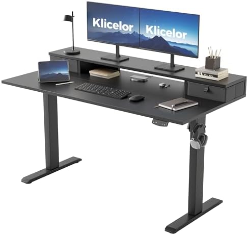 Klicelor 55 x24 Inch Electric Standing Desk with Drawers, Adjustable Height Small Sit Stand Desk for Home Office, Compact Computer Workstation with Storage– Black by Klicelor