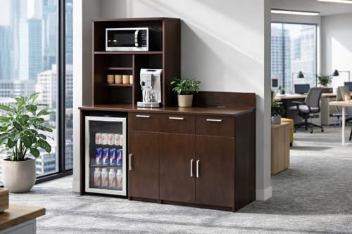 BREAKtime Breakroom Kitchenette Cabinet with 2-Door Storage, Mini Fridge Space & Upper Hutch, Microwave Space, Fully Assembled, 72" W x 24" D x 75" H, Appliances Not Included, Espresso - Image 2