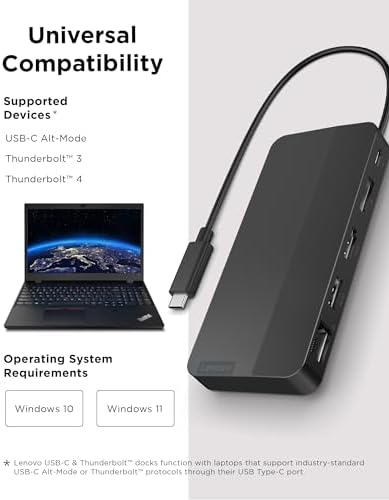Lenovo USB-C Dual Display Travel Dock w/ 100W Power Adapter - 7 Ports, Integrated USB-C Cable, Universal Compatibility, Dual Displays at 4K - Black - Image 5