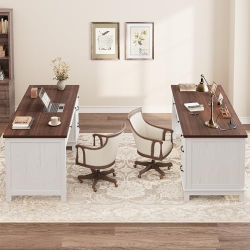 GarveeHome Executive Desk with Drawers, Farmhouse Home Office Desk with Charging Station, 53.54 in Wooden Computer Desk with File Cabinet Storage for Work Study Writing,White Walunt - Image 4
