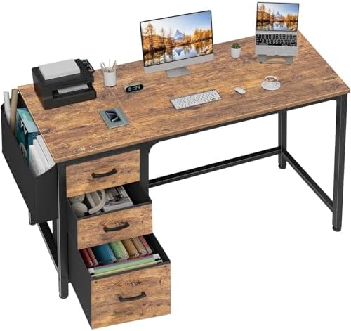 Lufeiya Computer Desk with Fabric File Drawers Cabinet, 55 Inch Reversible Home Office Desks with Filing Cabinet for Small Space, Study Writing Table PC Desks with Storage for Bedroom, Rustic Brown by LUFEIYA