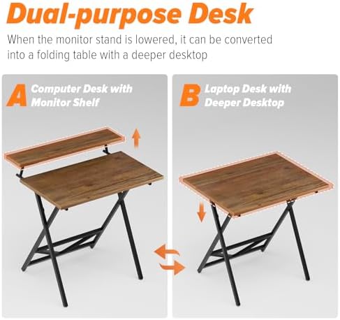 WOHOMO Folding Computer Desk with Monitor Stand, Adjustable Height, Walnut - Image 4