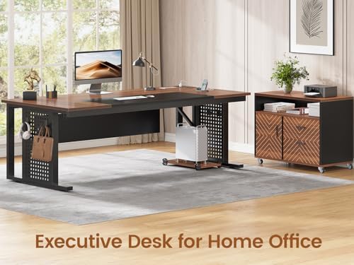 SEDETA 71" Executive Desk with Rolling File Cabinet, Large Office Desk with Drawers, L Shaped Computer Desk with Power Outlets, CPU Stand, Pegboard and Storage Shelves, Brown - Image 3