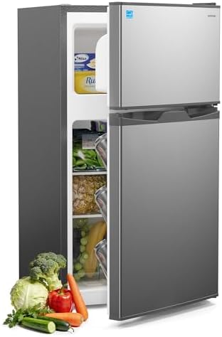 Upstreman 3.1 Cu.Ft Mini Fridge with Freezer, Double Door Small Refrigerator, Adjustable Thermostat, Energy Star Certified Low Noise Mini Refrigerator for Bedroom, Dorm, Apartment Silver-TM31 by StartUpLiveBetter