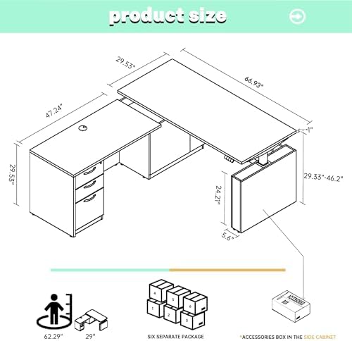 66.93" L Shaped Executive Standing Desk with Lockable Cabinet - Image 3