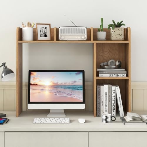 LDAILY Desktop Shelf, Multipurpose Wood Desk Hutch for Max 27" Computer Monitor, Countertop Storage Hutch with 5 Shelves, 3 Tier Desktop Display Rack for Dorm Office Home (Natural) - Image 2
