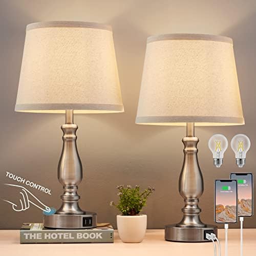 EJIAXIN Lamps for Bedrooms Set of 2, Brushed Nickel Bedside Lamps with USB C+A Ports,Dimmable Nightstand Lamps with Fabric Lampshade, Touch Table Lamp for Living Room Bedroom Office, Bulbs Included by WelcometoEJIAXIN