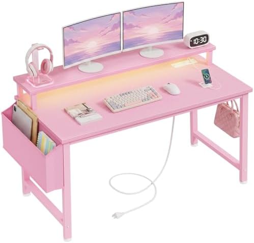 Lufeiya Girls Desk with Power Outlets and LED Lights, 40 Inch Gaming Desk Table with Charging Station, Home Office Computer Desks with Monitor, Pink by LUFEIYA
