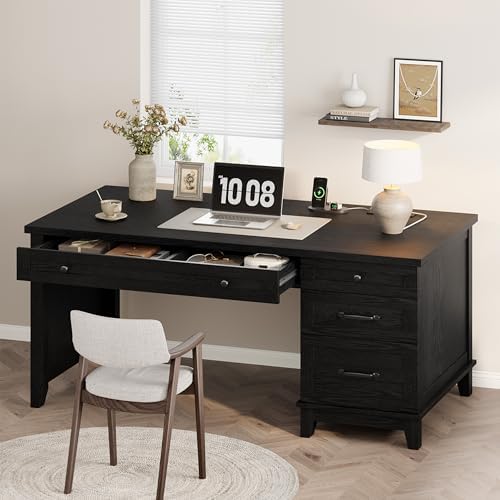 53.5" Farmhouse Home Office Desk with File Cabinet, Wooden Executive Desk with Power Outlet, Work Desk with Drawers, Traditional Wood Desk for Home and Office, Black by SLEKVERSA