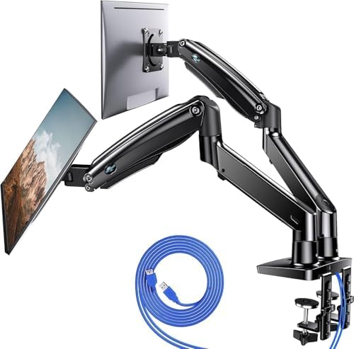 HUANUO Dual Monitor Stand for 13″–40″, Premium Dual Monitor Mount with USB, Height Adjustable Monitor Stand for 2 Monitors, VESA Mount with Clamp/Grommet Base, Holds 26.4lbs per Arm, HNDS7 by HUANUO