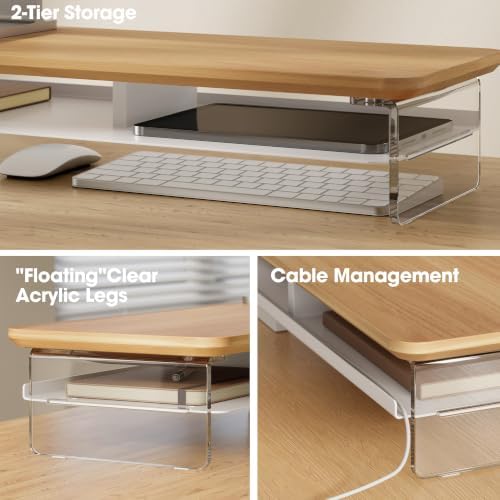 Fenge 42.5" Dual Monitor Stand with Clear Acrylic Legs, Dark Oak - Image 3