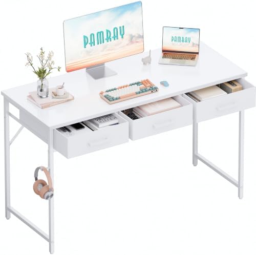 Pamray 47 Inch Small Computer Desk with 3 Drawers for Bedroom Study Writing Home Office Table for Small Spaces White by PAMRAY