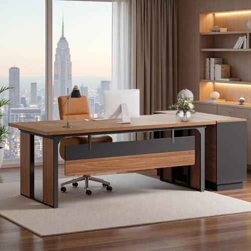 Tribesigns 63" Executive Desk, Modern Office Desk with Privacy Panel & Metal Frame, Large Computer Desk for Home Office, Writing Study Workstation Business Furniture (Brown & Black, Only Table) - Image 5