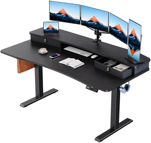 HUANUO 60″ x 30″ Electric Standing Desk with 2 Drawers, C-Clamp Mount Compatible, Height Adjustable Computer Desk, Home Office Stand Up Desk with 4 Preset Heights & 2 Hooks, Black by HUANUO