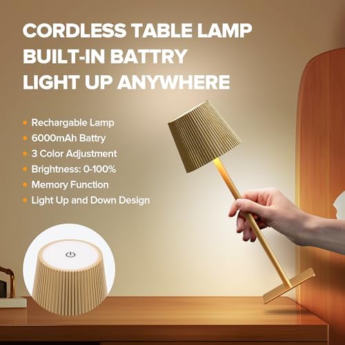 LUTEC 4 Pack Cordless Table Lamp,6000mAh Rechargeable Battery Operated Desk Lamp,Two Adjustable Heights,Waterproof, Touch Control & 3 Color Stepless Dimming for Restaurant/Bedroom/Bars/Outdoor (Gold) - Image 3