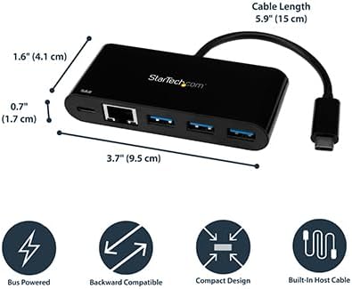 StarTech.com USB C to Ethernet Adapter - 3 Port - with Power Delivery (USB PD) - Power Pass Through Charging - USB C Adapter (US1GC303APD) Black - Image 4