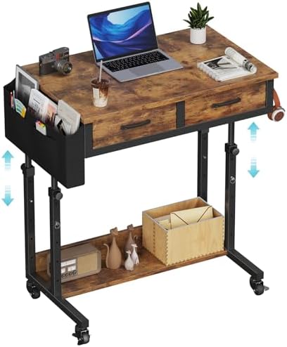 Small Portable Standing Rolling Desk - 32 Inch Adjustable Mobile Stand Up Teacher Desks with 2 Fabric Drawers on Wheels, Couch Sofa Side Laptop Table with Storage for Bedroom Home Office, Rustic Brown by Unknown