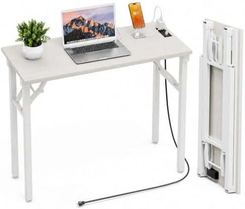 Folding Table Computer Desk - 35.8" No Assembly Folding Desk with Power Outlets & USB Charging Port, Small Desk, Foldable Office Desk, Compact Storage Portable Use for Small Space, White Ash by HMFOR