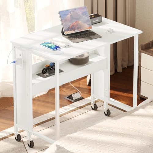 CHOEZON Folding Desk with Power Outlets, 31.5" Rolling Computer Table with Wheels, Portable Office Desk with Storage Shelf for Small Spaces White TDN01UWB by Choezon