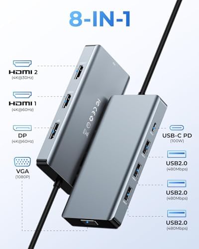 USB C Docking Station Dual Monitor Adapter, 8 in 1 Laptop Docking Station 3 Monitors Quadruple Display USB C Hub Dongle to 4K HDMI+DP+VGA - Image 2