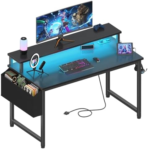 Lufeiya Black Gaming Desk with LED Lights and Power Outlets, 40 Inch Teen Writing Study Table Home Office Desks with Monitor Stand, Computer Desk with Charging Station USB Port, Black by LUFEIYA