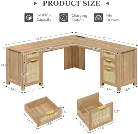 59" Rattan L Shaped Desk with Drawers & Storage Cabinet for Home Office - Image 3