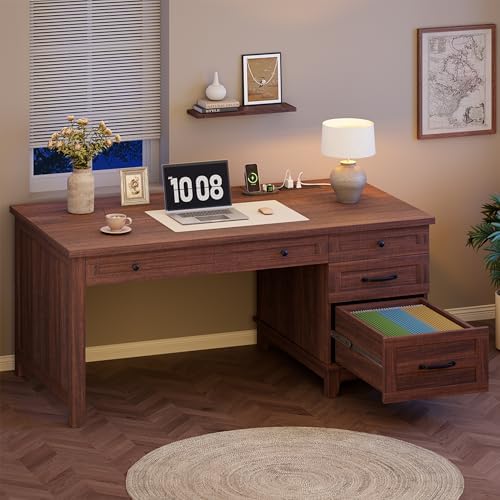 GarveeHome Executive Desk with Drawers, Farmhouse Home Office Desk with Charging Station, 53.54 in Wooden Computer Desk with File Cabinet Storage for Work Study Writing,Walunt Brown - Image 6