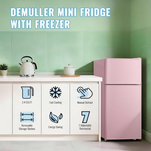 DEMULLER 45L Personal Double‑Door Mini Fridge With Freezer, Pink - Image 3