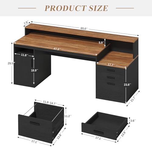 YOMILUVE Computer Desk with 3 Drawers & Storage Shelves, 65 Inch Home Office Desk with File Drawer & Cabinet, Writing Study Desks with Monitor Stand & Printer Shelf, Executive Desk, Brown and Black - Image 2