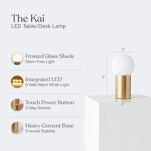 Brightech Kai LED Table Lamp with USB Port - Small Bedside Reading Modern Desk Lamp, Nightstand Light with Ambient Lighting for Bedroom, Living Room, Office - Modern Globe Lamp Shade, Brass Finish - Image 3