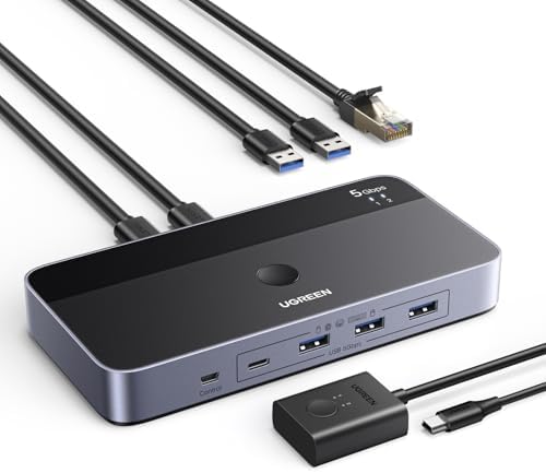 UGREEN USB 3.0 Switch for 2 PCs Simultaneous Internet Access & Sharing USB Devices, USB Switcher Sharing Keyboard and Mouse, Built-in Gigabit Ethernet Adapter, Includes 2 USB Cables & Controller by UGREEN